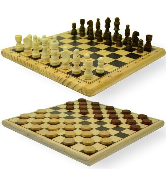 Schaak-Dam-Set hout bedrukt 29x29 cm.