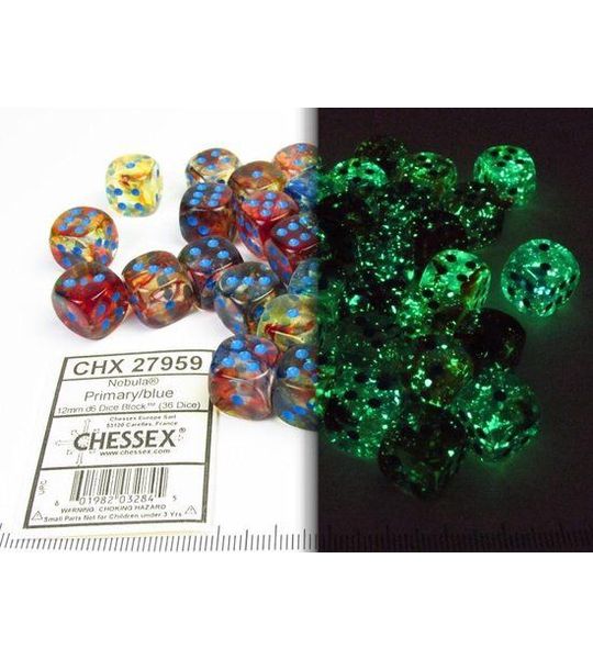 Chessex Nebula Primary/blue Luminary D6 12mm Dobbelsteen Set (36 stuks)