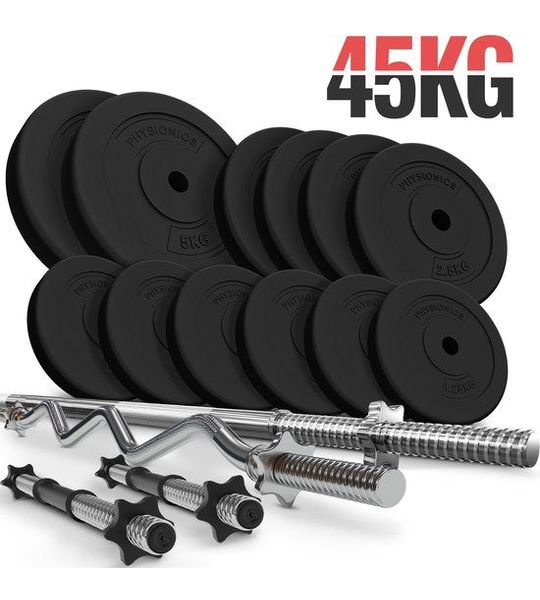 Physionics - Complete Dumbbell + Barbell set - Totaal gewicht 45 kg, Rechte Halterstang 165 cm, SZ Curlstang, 2 Dumbbells, Gewichtsschijven