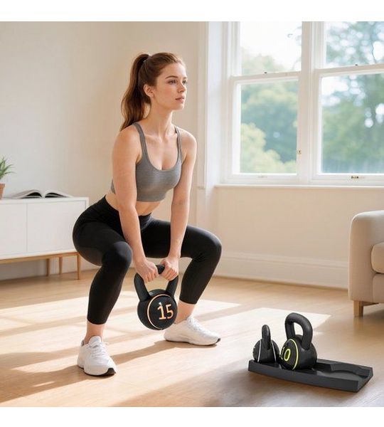 COVREO Kettlebell set 3-delig zwart, kunststof met opbergbasis