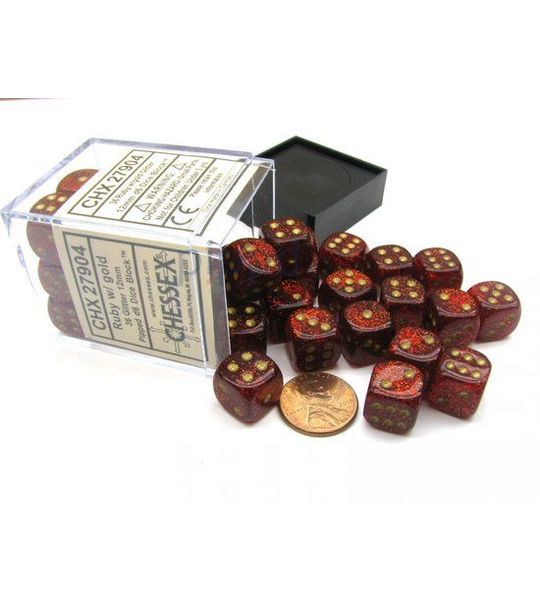 Chessex Glitter Ruby/gold D6 12mm Dobbelsteen Set (36 stuks)