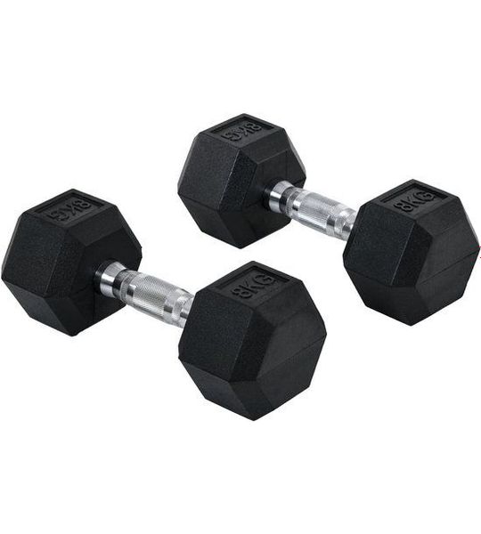 Zeskantige dumbbell set totaal 16 kg - metaal en rubber, zwart