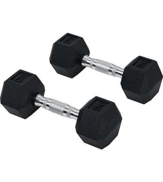 Zeskantige dumbbells set van 2 - gietijzer, 2 x 5 kg, met kartelgreep