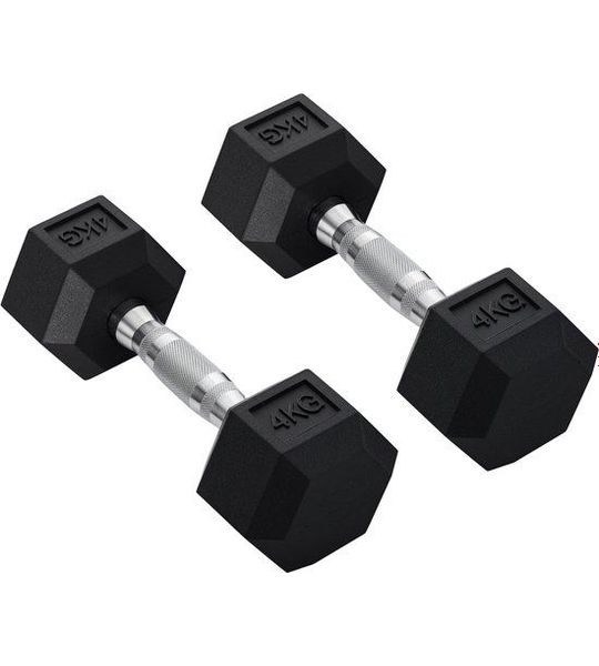 Zeskantige dumbbells set van 2 - gietijzer, 2 x 4 kg, met kartelgreep