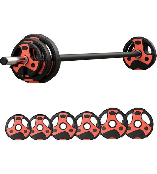 Halterstang set 20 kg - met 6 gewichtsschijven, antislip stang, zwart + rood