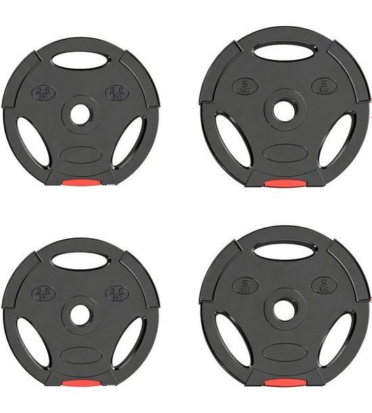 Gewichtsschijven - 2 x 5 kg en 2 x 2,5 kg, drie handgrepen, gat Ø 25 mm, zwart