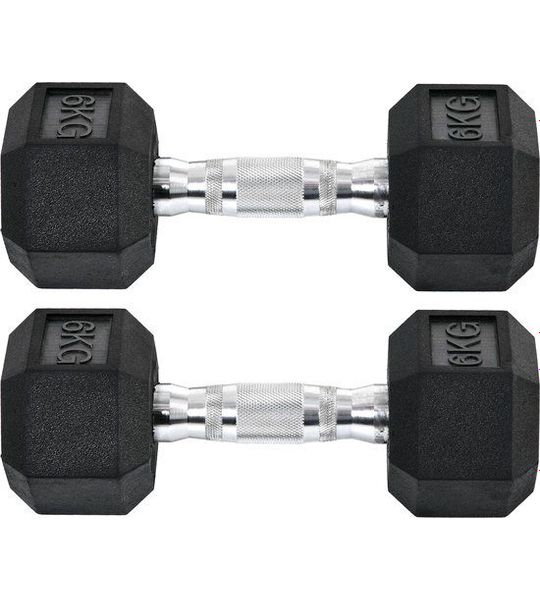 Zeskantige dumbbells set van 2 - gietijzer, 2 x 6 kg, met kartelgreep