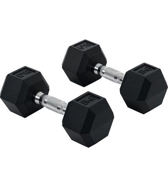Zeskantige dumbbells set van 2 - gietijzer, 2 x 8 kg, met kartelgreep