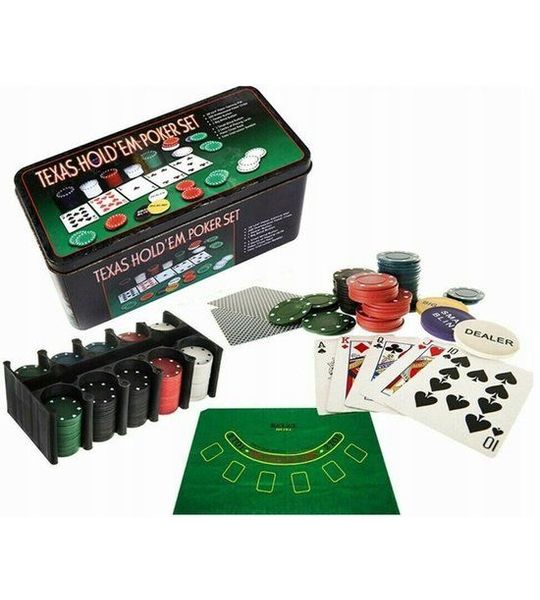 Poker Texas Hold'em Set: 200 Chips, Kaarten, Speelmat