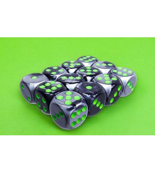 Chessex Gemini Zwart/Grijs/Groen D6 16mm Dobbelsteen Set (12 stuks)