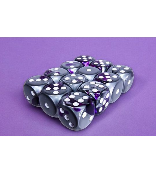 Chessex Gemini paars-staal/wit D6 16mm Dobbelsteen Set (12 stuks)