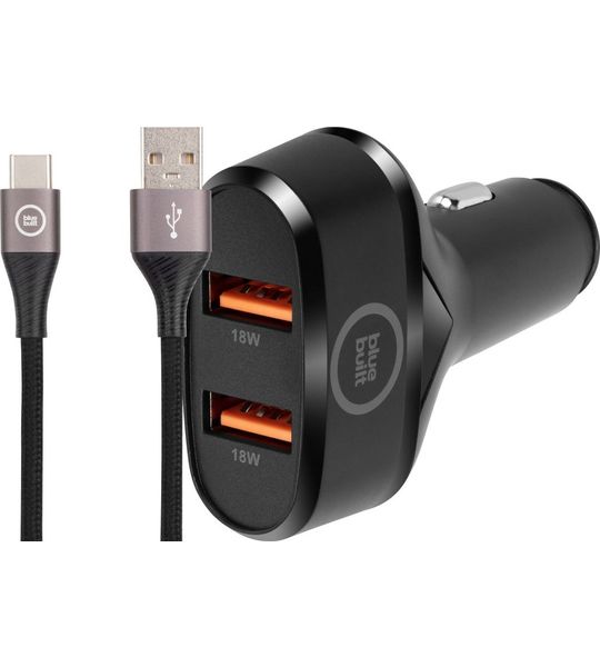 BlueBuilt Quick Charge Autolader 18W Zwart + Usb C Kabel 1,5m Nylon Zwart